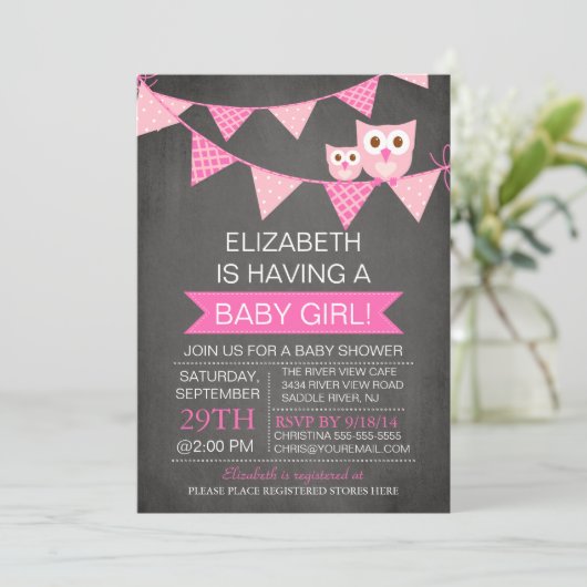 Modern Chalkboard Bunting Owl GIRL Baby Dusche Einladung (Stehend Vorderseite)