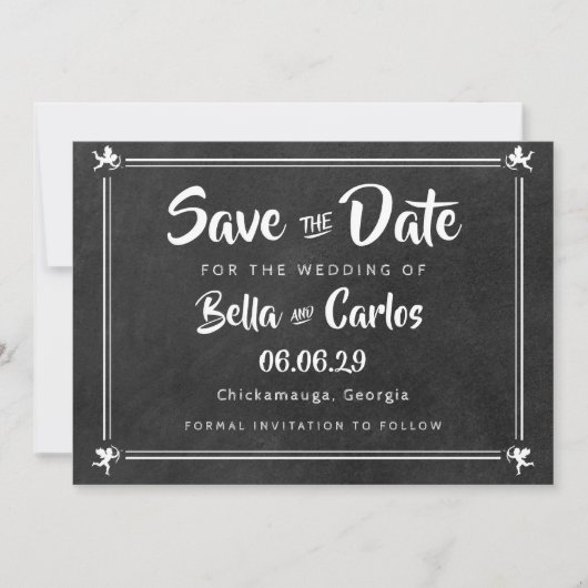 Modern Chalkboard Cupids Save the Date Einladung (Vorderseite)