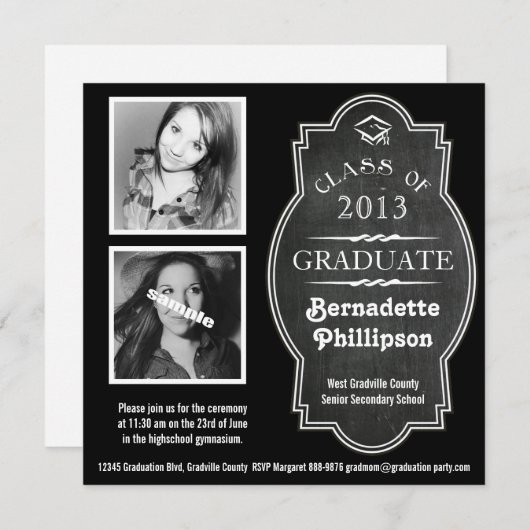Modern Chalkboard Double Foto Abschluss Zeremonie Einladung (Vorne/Hinten)