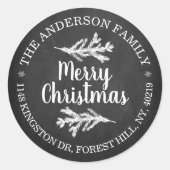 Modern Chalkboard Pine Tree Holiday Return Address Runder Aufkleber (Vorderseite)