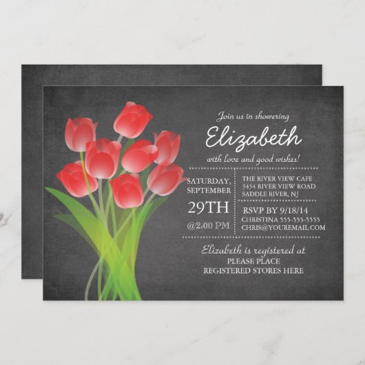 Modern Chalkboard Red Tulip Brautparty Einladung (Vorne/Hinten)