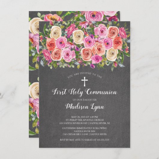 Modern Chalkboard Rosa Floral Erste Heilige Kommun Einladung (Vorne/Hinten)