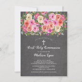 Modern Chalkboard Rosa Floral Erste Heilige Kommun Einladung (Vorderseite)