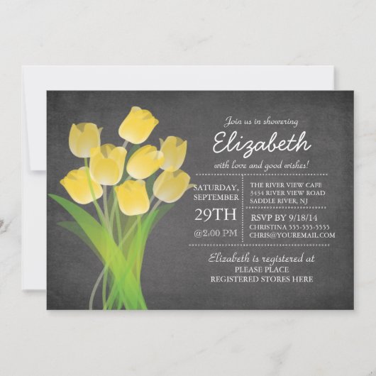 Modern Chalkboard Yellow Tulip Girls Babydusche Einladung (Vorderseite)