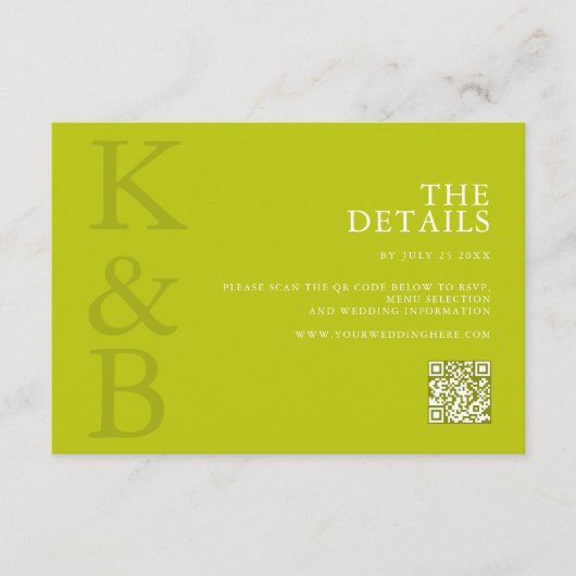 Modern Chartreuse Minimalist Wedding Begleitkarte (Vorderseite)