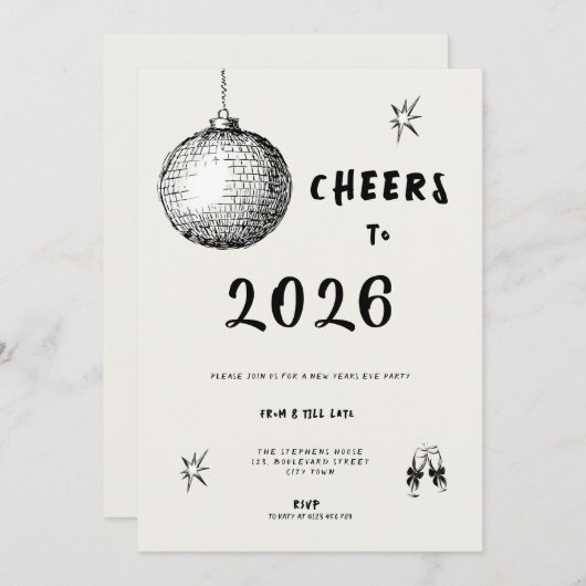 Modern Cheers to New Year 2026 Bold Typo Einladung (Vorne/Hinten)