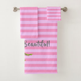 Modern Cherry Blossom Pink Stripe Hallo schön! Badhandtuch Set