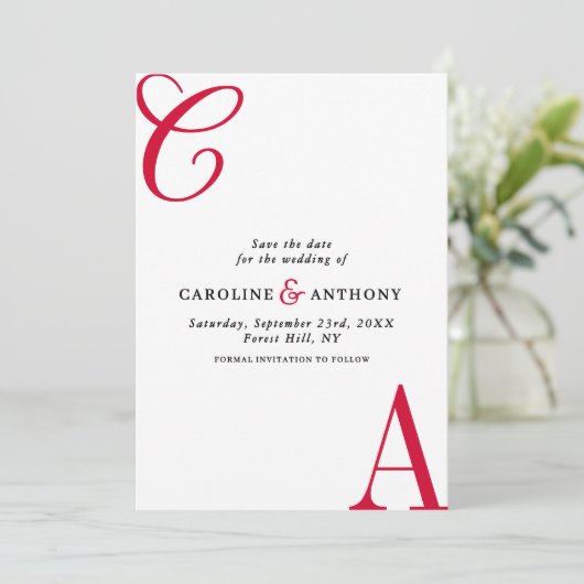 Modern Cherry Coded Minimalist Monogram Wedding Save The Date (Stehend Vorderseite)