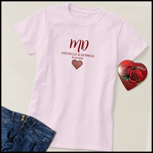 Modern Cherry Red Monogram Husband & Wife Name T-Shirt