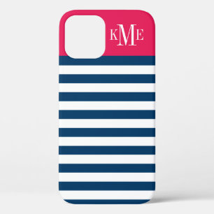 Modern Cherry Red Navy Streifen Custom Monogram iPhone 12 Hülle