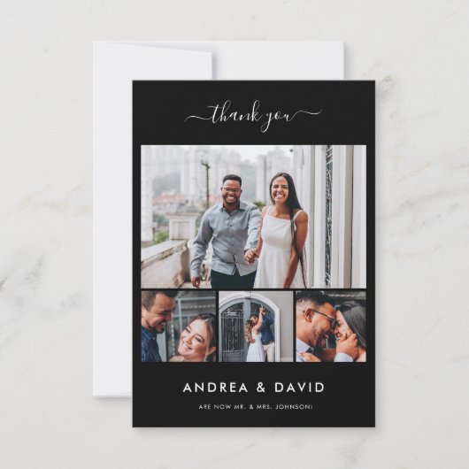 Modern Chic 4 Foto Collage Website Black Wedding Dankeskarte (Vorderseite)