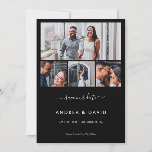 Modern Chic 4 Foto Collage Website Black Wedding Save The Date (Vorderseite)