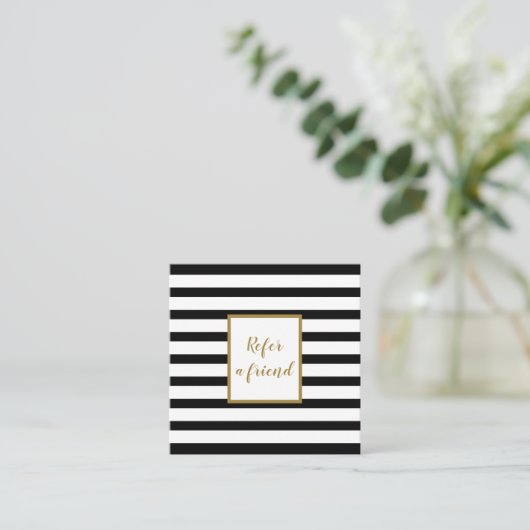 Modern Chic Black and White Striping Gold Script Empfehlungskarte (Stehend Vorderseite)