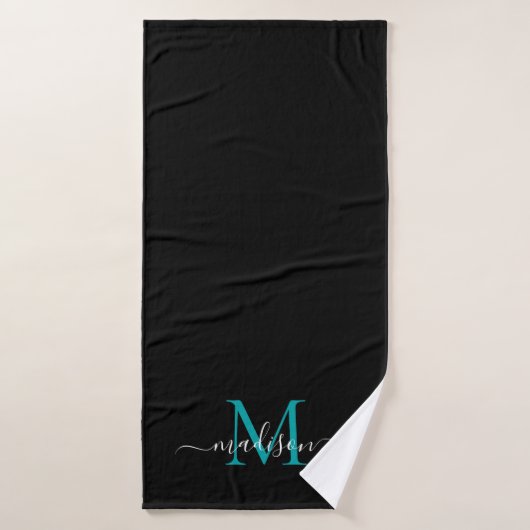 Modern Chic Black Aquamarin Green Monogram Script Badehandtuch (Badehandtuch)