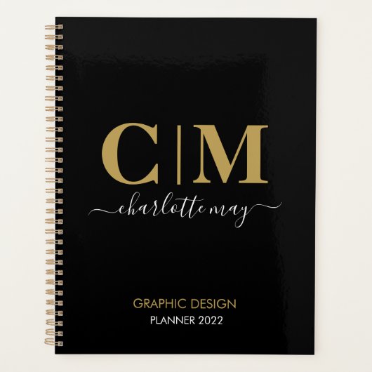 Modern Chic Black Gold Monogram Name Business 2022 Planer (Vorderseite)