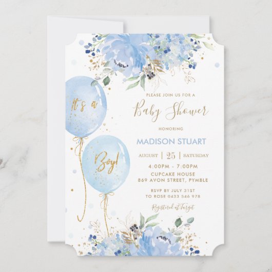 Modern Chic Blue Floral Balloons Boy Baby Dusche I Einladung (Vorderseite)