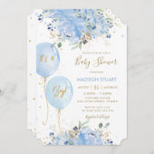 Modern Chic Blue Floral Balloons Boy Baby Dusche I Einladung (Vorne/Hinten)