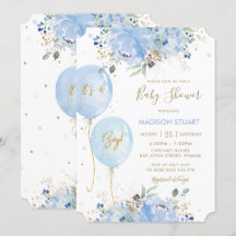 Modern Chic Blue Floral Balloons Boy Baby Dusche I