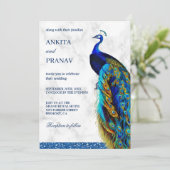 Modern Chic Blue Glitzer Peacock Indian Wedding Einladung (Stehend Vorderseite)
