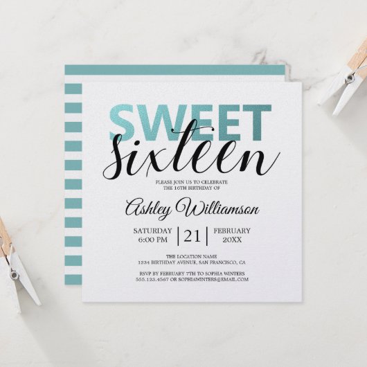 Modern Chic Blue White Stripes Pink Sweet 16 Einladung (Vorderseite/Rückseite Beispiel)