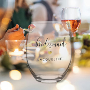 Modern Chic Bridesmaid Script Gold Herzname Weinglas Ohne Stiel