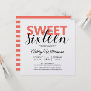 Modern Chic Coral White Stripes Sweet 16 Einladung