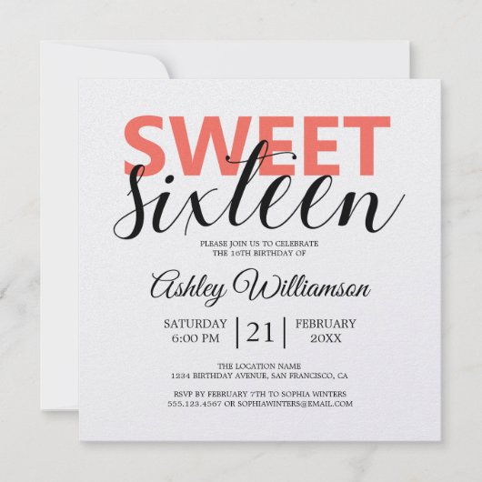 Modern Chic Coral White Stripes Sweet 16 Einladung (Vorderseite)