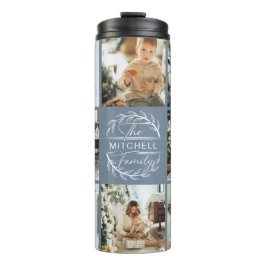 Modern Chic Dusty Blue Mit Monogramm & Foto Collag Thermosbecher