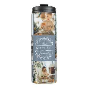 Modern Chic Dusty Blue Mit Monogramm & Foto Collag Thermosbecher