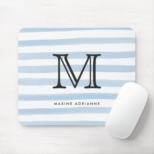 Modern Chic Dusty Blue Watercolor Streifen Monogra Mousepad (Mit Mouse)