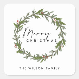 MODERN CHIC ELEGANT HOLLY BERRY WREATH CHRISTMAS QUADRATISCHER AUFKLEBER