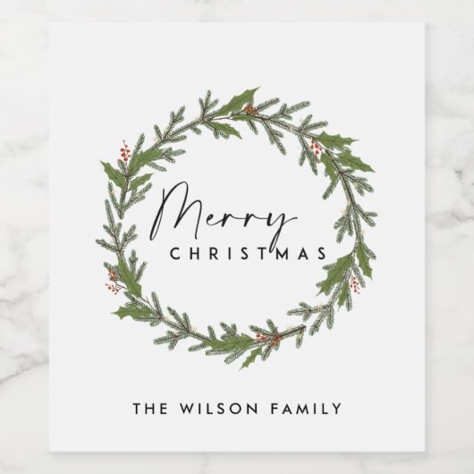MODERN CHIC ELEGANT HOLLY BERRY WREATH CHRISTMAS WEINETIKETT (Einzelnes Label)