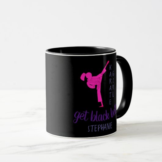 Modern Chic Girly Black Pink Silhouette Karate Tasse (VorderseiteRechts)
