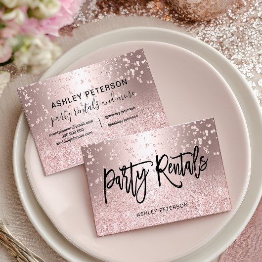 Modern Chic Glam Rose Gold Glitter Party Rentals Visitenkarte