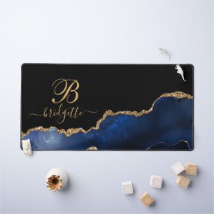 Modern Chic Gold Glitzer Navy Blue Agate Monogram Schreibtischunterlage