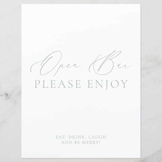 Modern Chic Green & White Open Bar Wedding Sign (Vorderseite)