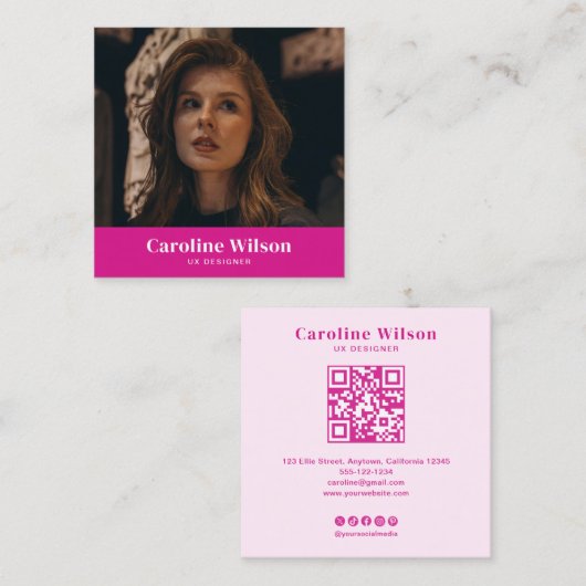 Modern Chic Hot Pink QR Code Foto Girl Quadratische Visitenkarte (Vorne/Hinten)