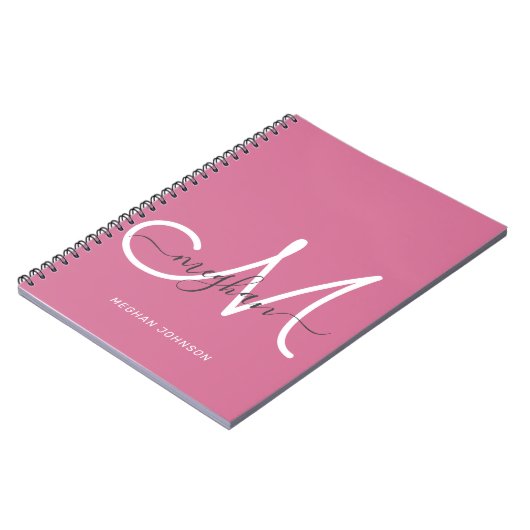 Modern Chic Hot Pink White Script Mit Monogramm Notizblock (Linke Seite)
