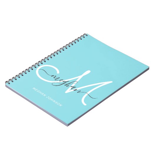 Modern Chic Light Blue White Script Mit Monogramm Notizblock (Linke Seite)