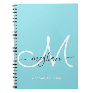 Modern Chic Light Blue White Script Mit Monogramm Notizblock