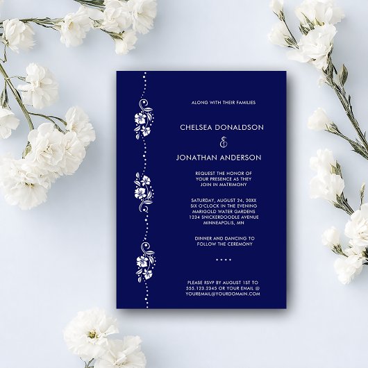 Modern Chic Minimal White Floral Navy Blue Wedding Ankündigung