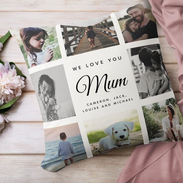 Modern Chic Mother's Day Mum Family Photo Collage Kissen (We love you, Mum: For the Best Mom Ever in your life a modern, trendy Instagram family photo collage)