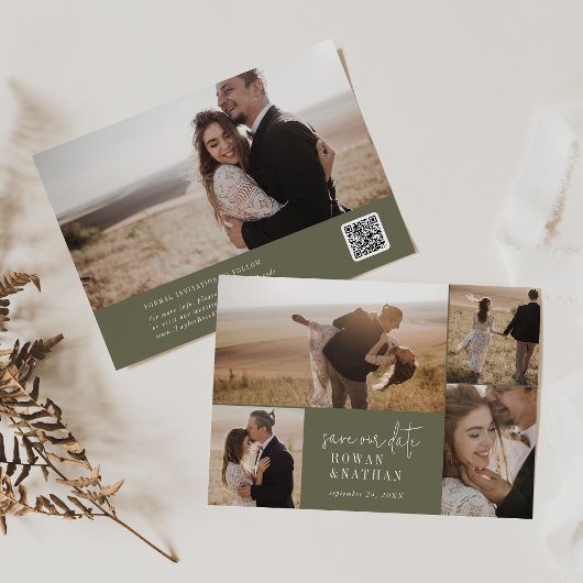 Modern Chic Olive Green Foto Collage Save The Date