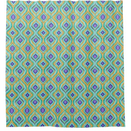 Modern Chic Peacock Feather Ikat Pattern Dusche Duschvorhang (Vorderseite)