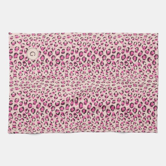 Modern chic pink cheetah print pattern monogramm geschirrtuch (Horizontal)