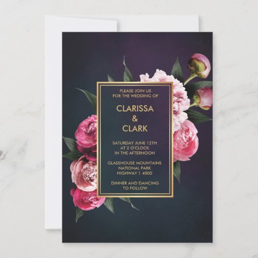 Modern Chic Pink Peony Romantic Gold Wedding Einladung (Vorderseite)