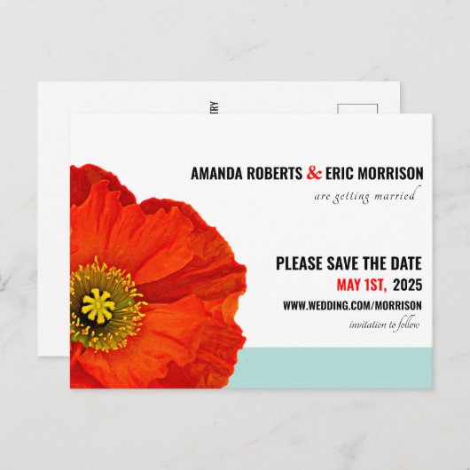 Modern Chic Red Poppy Minze Save the Date Aquamari Postkarte (Vorne/Hinten)
