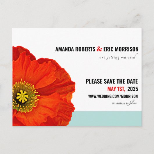 Modern Chic Red Poppy Minze Save the Date Aquamari Postkarte (Vorderseite)