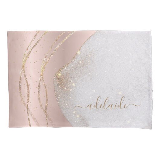 Modern Chic Rose Gold Glitzer Script Monogram Name Kissenbezug (Vorderseite-Links)