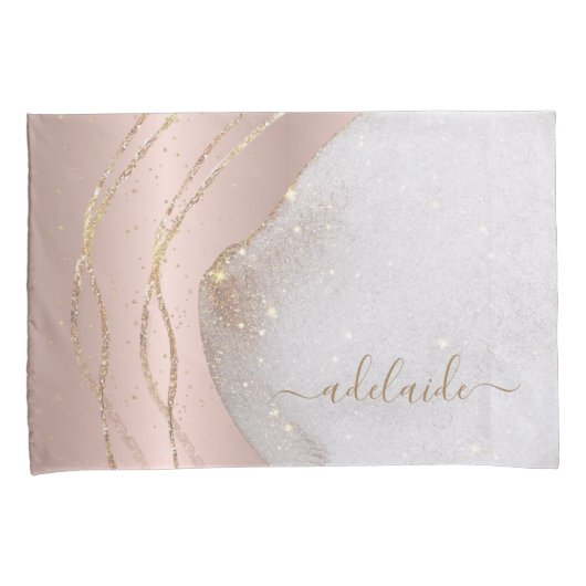 Modern Chic Rose Gold Glitzer Script Monogram Name Kissenbezug (Vorderseite-Rechts)